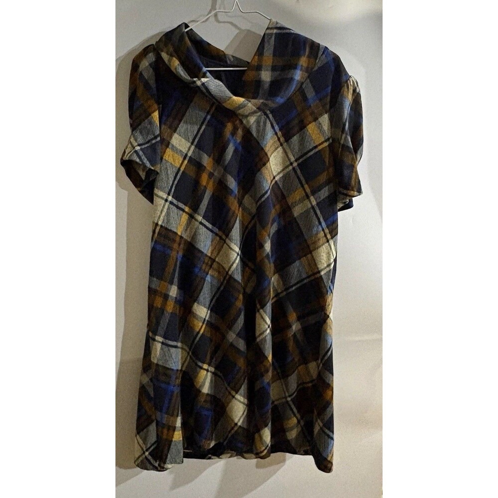 JH Blue Brown Plaid V-Neck Puff Sleeve A-Line Short Dress Women’s Regular L